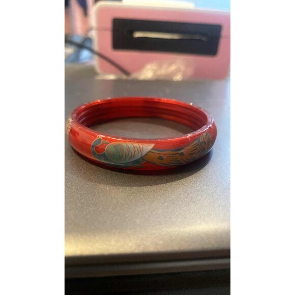 Unbranded Jewelry - Vintage Chinese Red Cinnabar Lacquer Bangle Bracelet Phoenix Bird